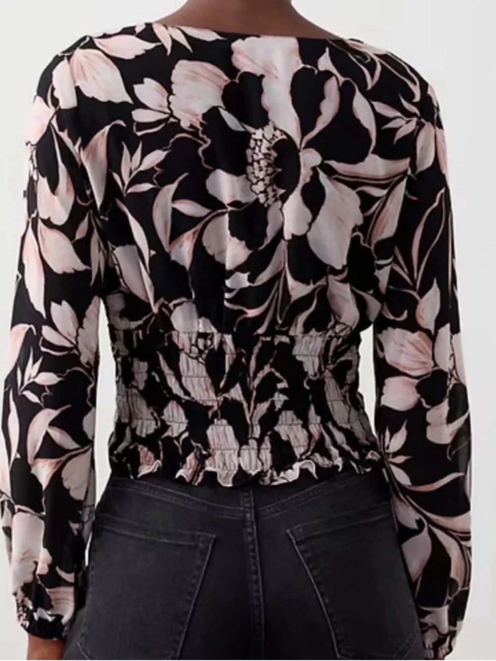 NWT Banana Republic Black Blouse with Pale Pink Floral Design & Sheer Sleeves